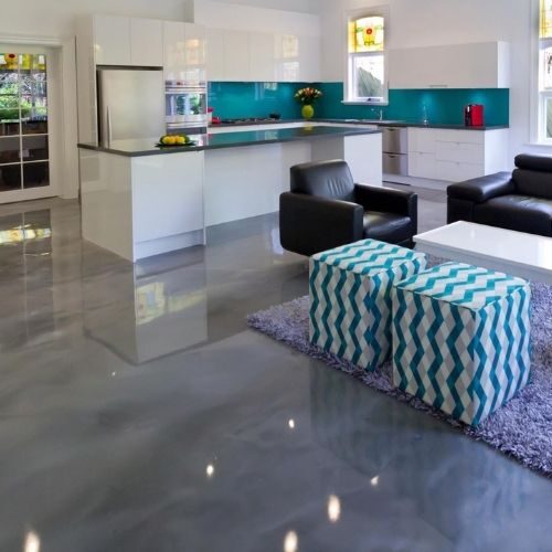 Shiny grey epoxy flooring in a modern kitchen