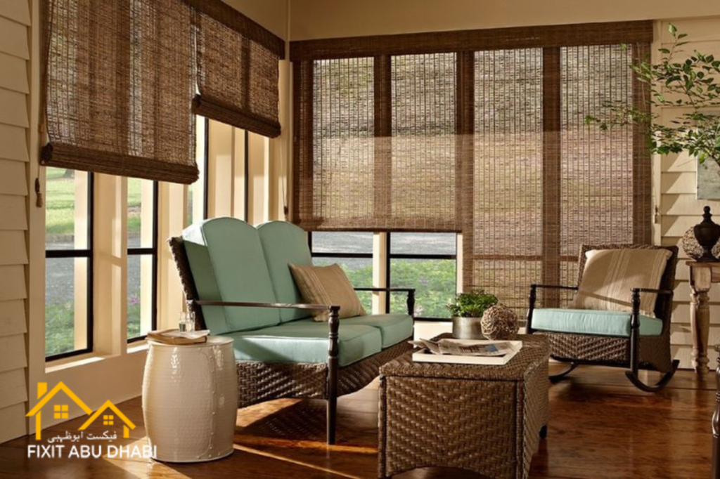 Sunroom with woven bamboo blinds