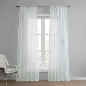 Blue Geometric Faux Linen Sheer Curtain