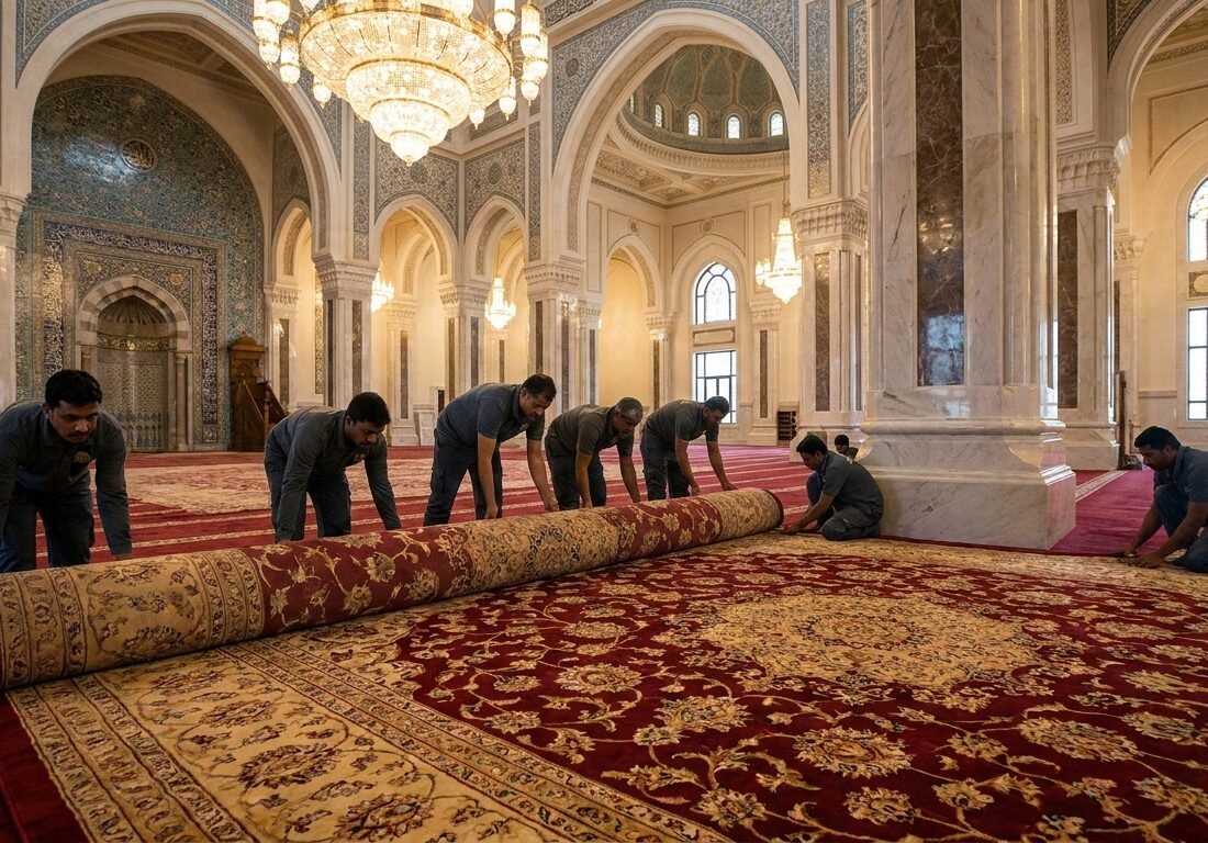 Installing carpets in mosque
