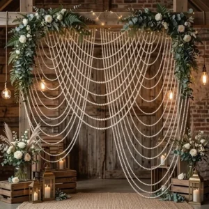White Faux Pearl Triple Swag Curtain