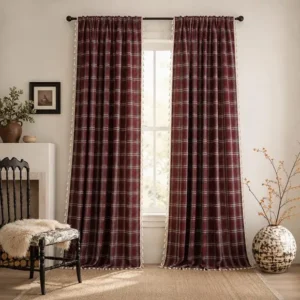 Burgundy Plaid Wool Tassel Curtain
