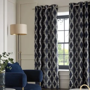 Navy Blue Geometric Velvet Curtains